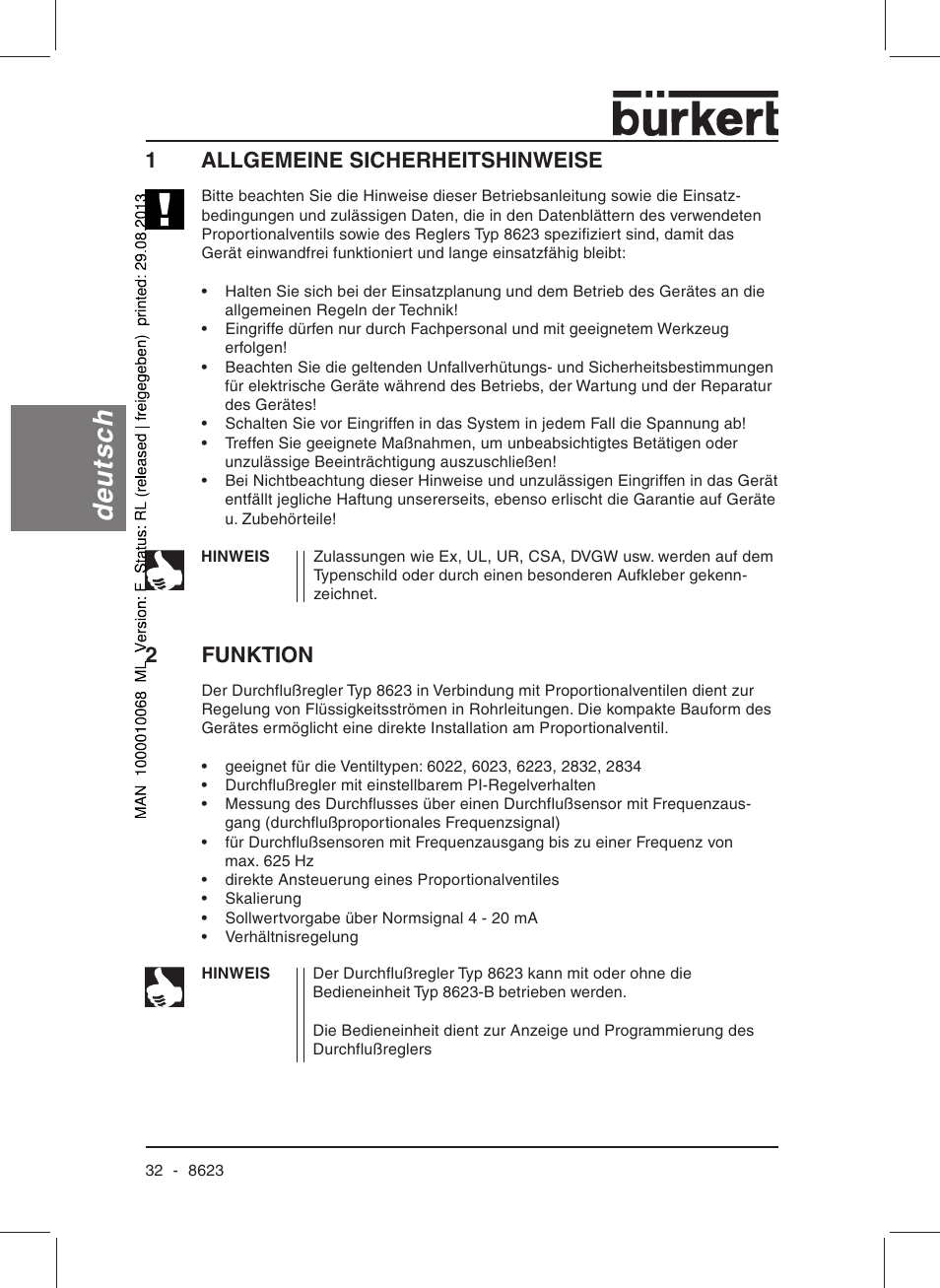 Deutsch, 1allgemeine sicherheitshinweise, 2funktion | Burkert Type 8623 User Manual | Page 34 / 90