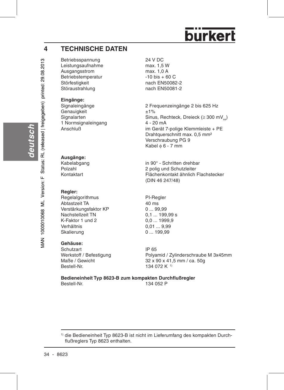 Deutsch, 4technische daten | Burkert Type 8623 User Manual | Page 36 / 90