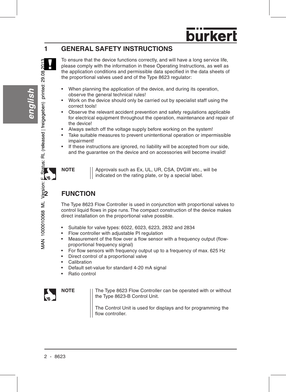 English, 1general safety instructions, 2function | Burkert Type 8623 User Manual | Page 4 / 90