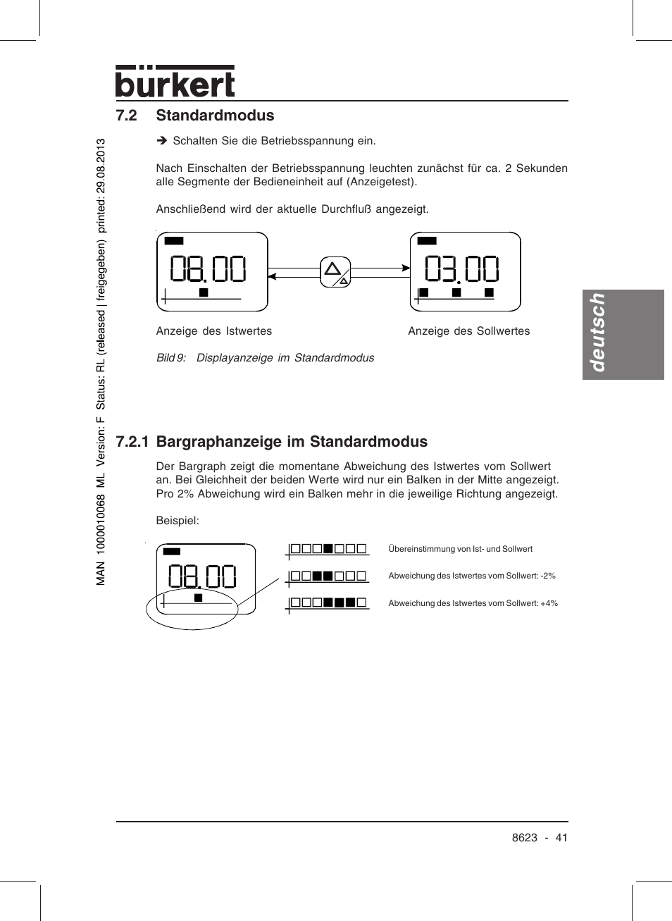 Deutsch, 2 standardmodus, 1 bargraphanzeige im standardmodus | Burkert Type 8623 User Manual | Page 43 / 90