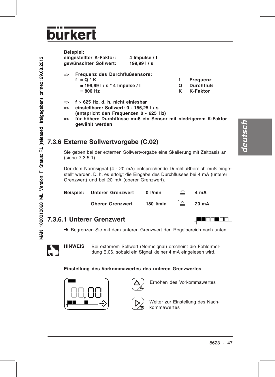 Deutsch, 6 externe sollwertvorgabe (c.02), 1 unterer grenzwert | Burkert Type 8623 User Manual | Page 49 / 90