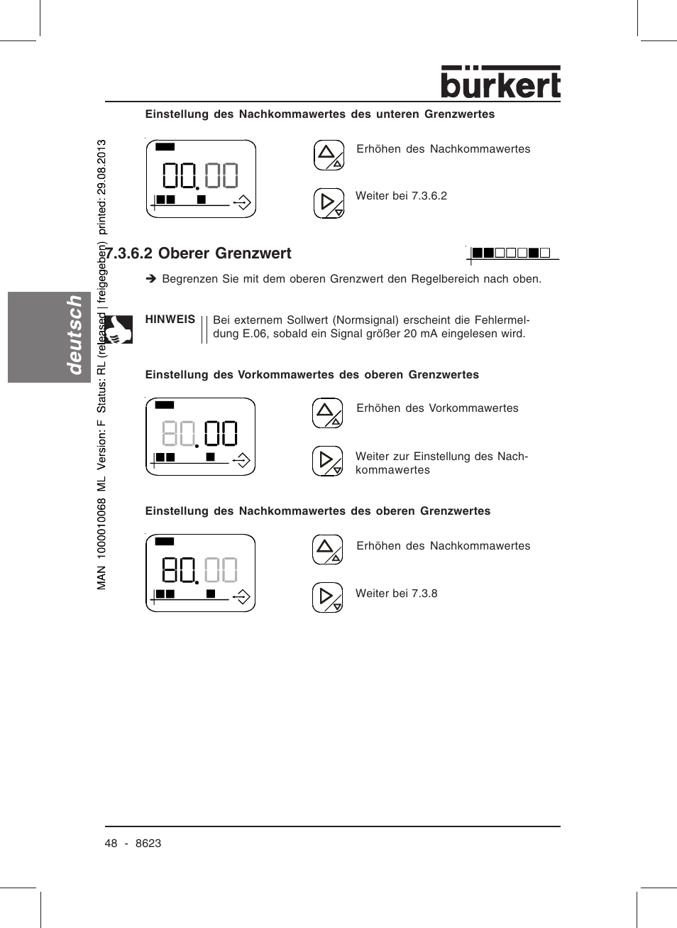 Deutsch, 2 oberer grenzwert | Burkert Type 8623 User Manual | Page 50 / 90
