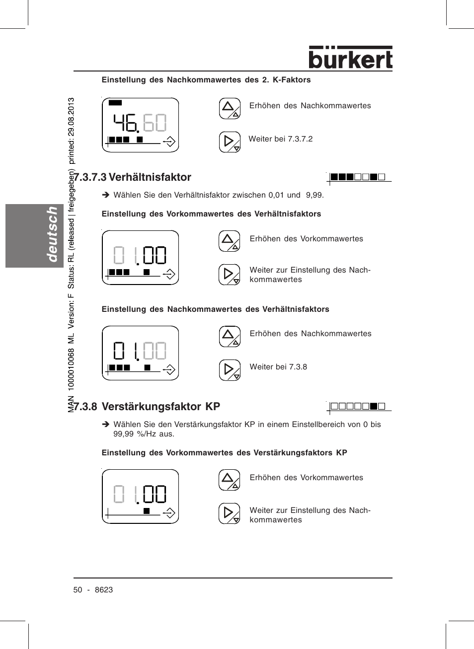 Deutsch, 3 verhältnisfaktor, 8 verstärkungsfaktor kp | Burkert Type 8623 User Manual | Page 52 / 90