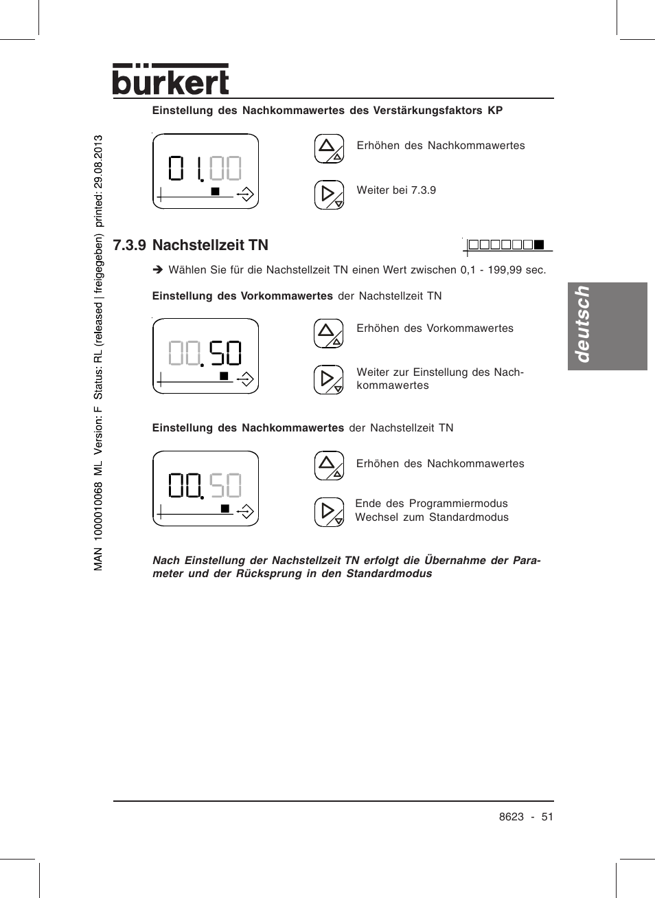 Deutsch, 9 nachstellzeit tn | Burkert Type 8623 User Manual | Page 53 / 90