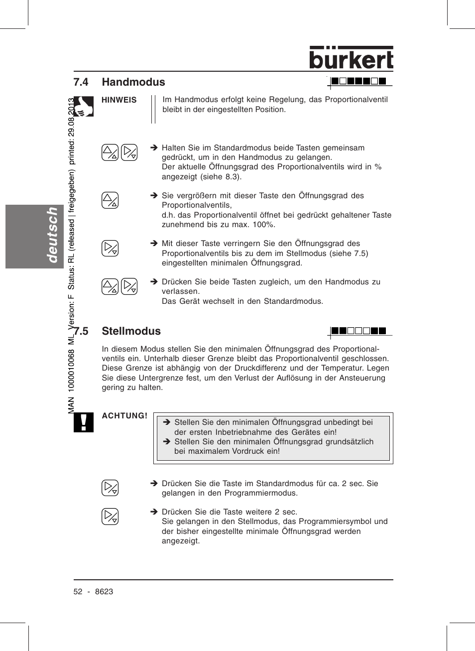 Deutsch, 4 handmodus, 5 stellmodus | Burkert Type 8623 User Manual | Page 54 / 90