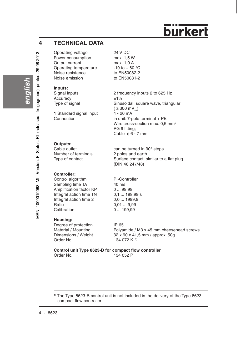 English, 4technical data | Burkert Type 8623 User Manual | Page 6 / 90