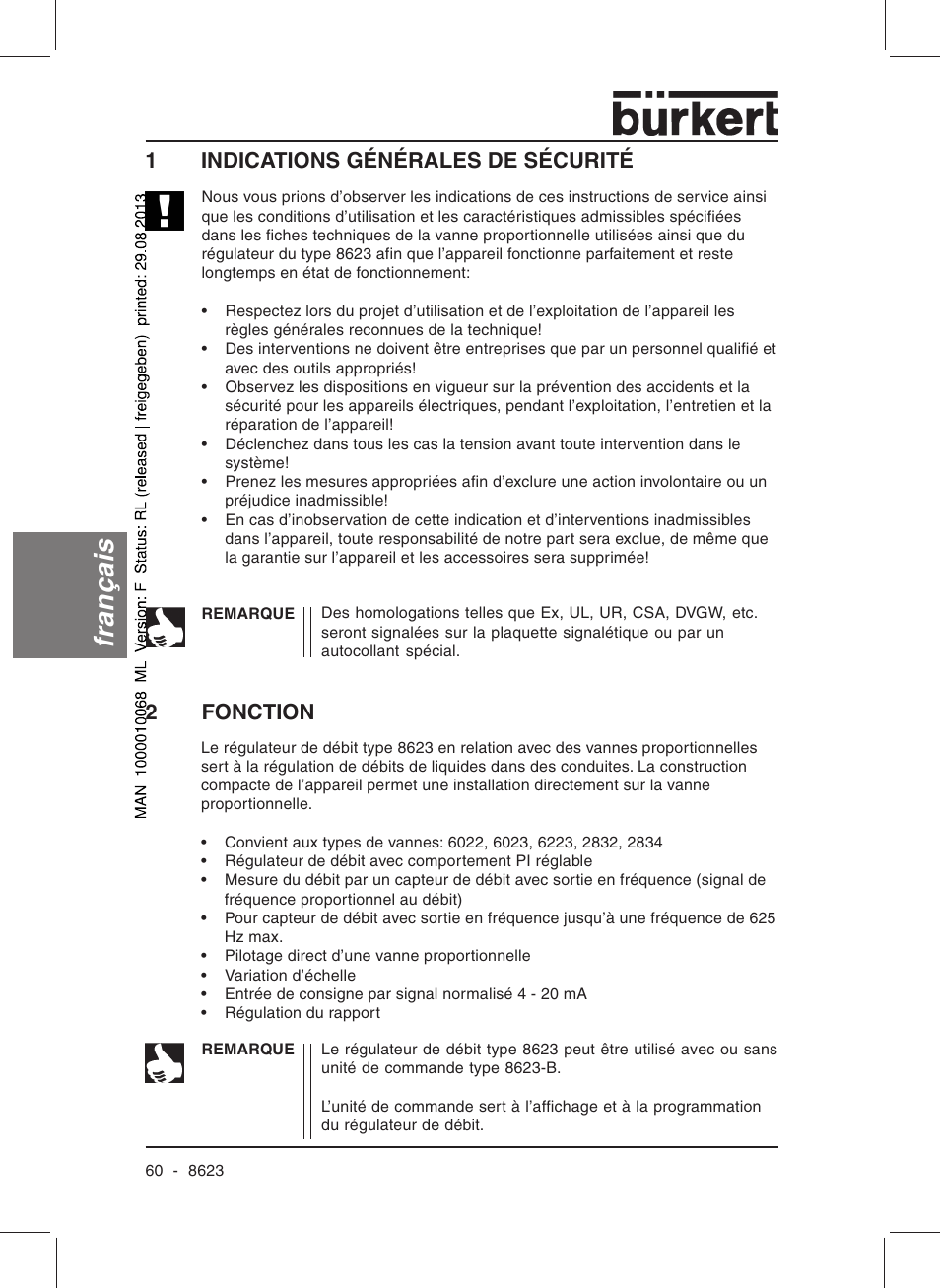 Français, 1indications générales de sécurité, 2fonction | Burkert Type 8623 User Manual | Page 62 / 90