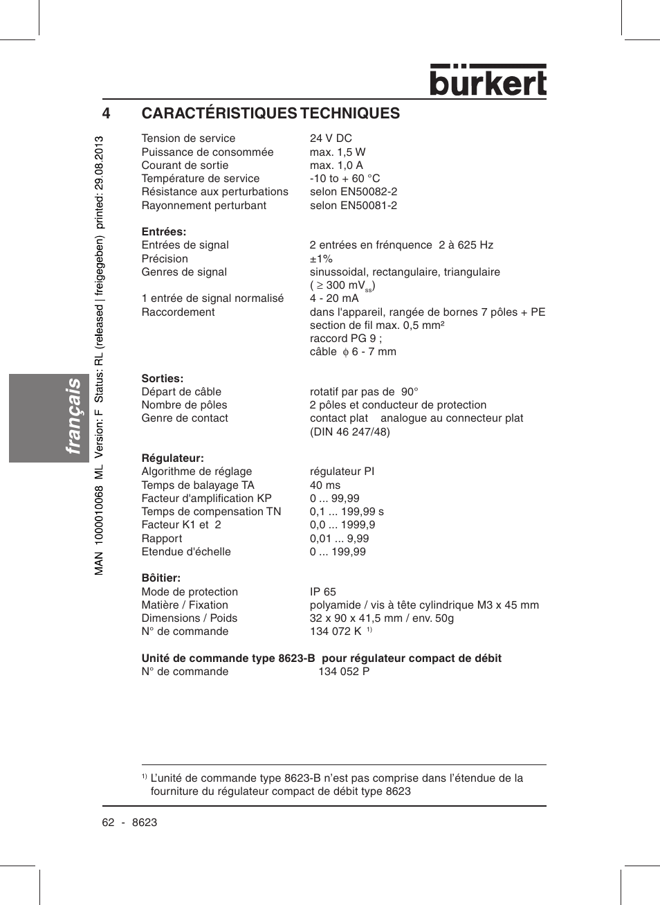 Français, 4caractéristiques techniques | Burkert Type 8623 User Manual | Page 64 / 90