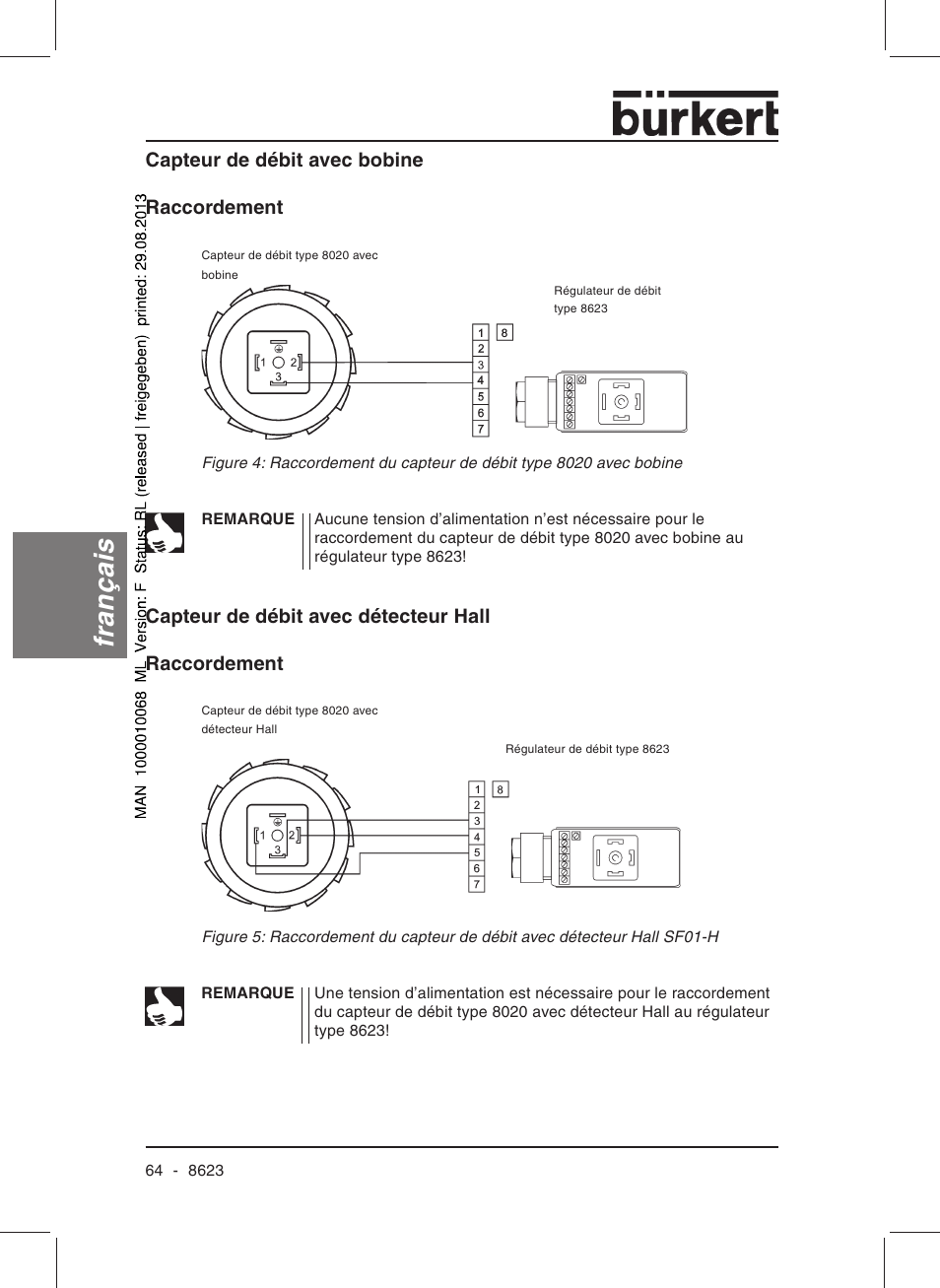 Français, Capteur de débit avec bobine raccordement, Capteur de débit avec détecteur hall raccordement | Burkert Type 8623 User Manual | Page 66 / 90