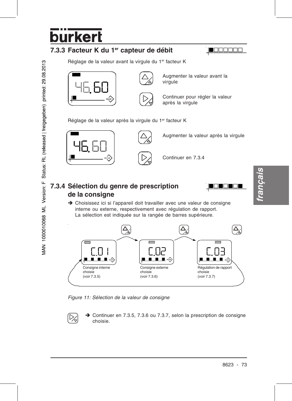Français, 3 facteur k du 1, Capteur de débit | Burkert Type 8623 User Manual | Page 75 / 90