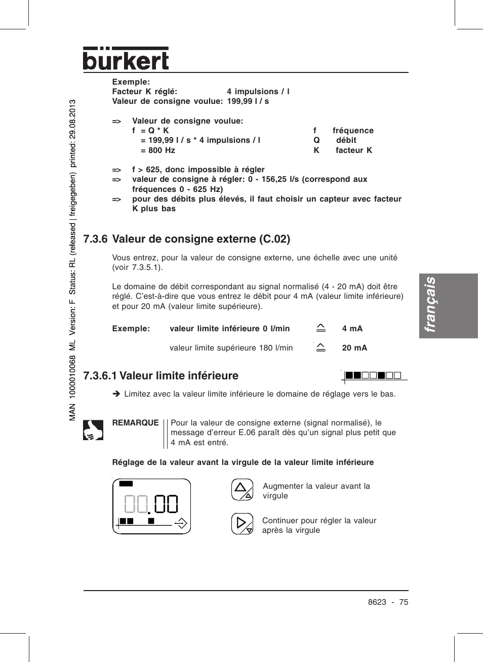 Français, 6 valeur de consigne externe (c.02), 1 valeur limite inférieure | Burkert Type 8623 User Manual | Page 77 / 90