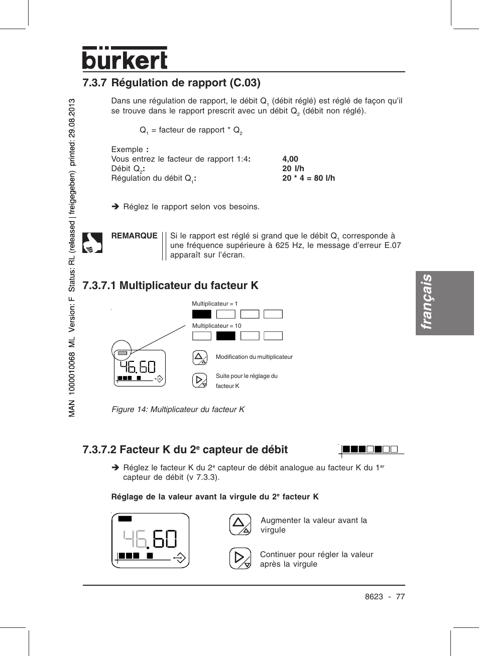 Français, 7 régulation de rapport (c.03), 1 multiplicateur du facteur k | 2 facteur k du 2, Capteur de débit | Burkert Type 8623 User Manual | Page 79 / 90