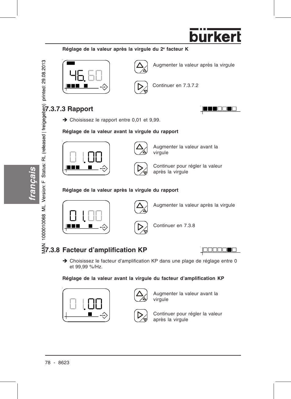 Français, 3 rapport, 8 facteur d’amplification kp | Burkert Type 8623 User Manual | Page 80 / 90