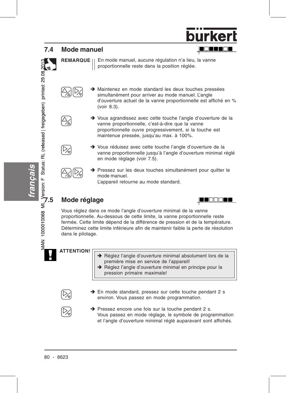 Français, 4 mode manuel, 5 mode réglage | Burkert Type 8623 User Manual | Page 82 / 90