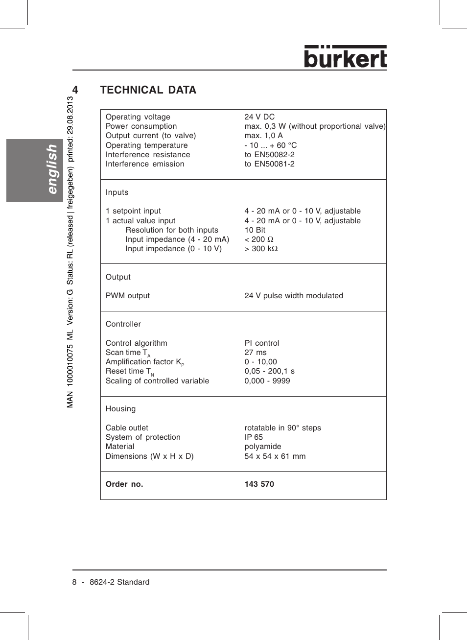 English, 4technical data | Burkert Type 8624 User Manual | Page 10 / 124