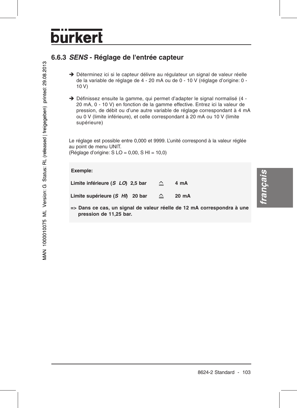 Français, 3 sens - réglage de l'entrée capteur | Burkert Type 8624 User Manual | Page 105 / 124