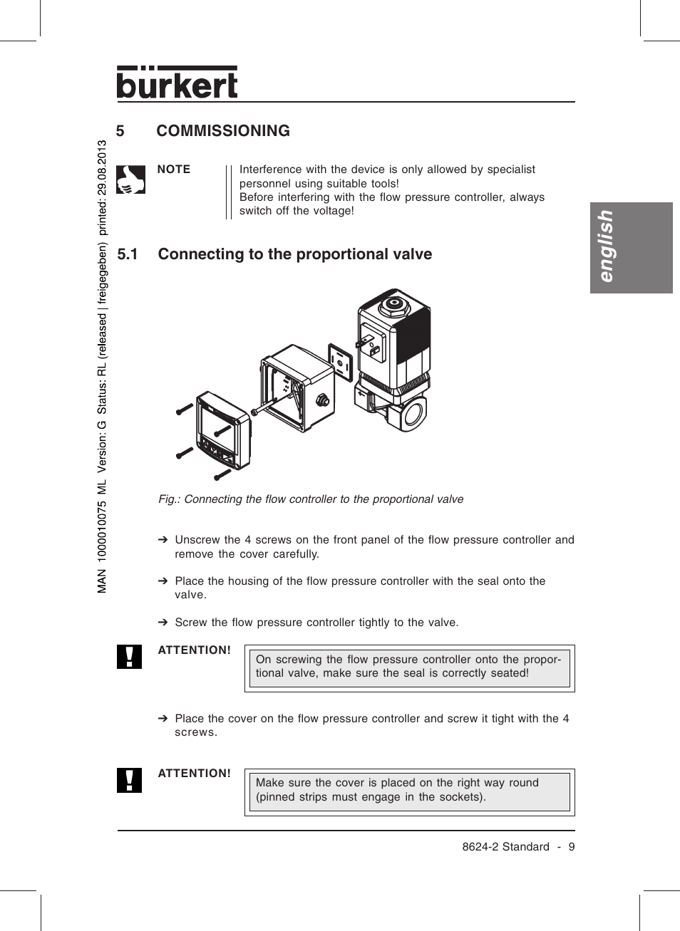 English, 5commissioning, 1 connecting to the proportional valve | Burkert Type 8624 User Manual | Page 11 / 124
