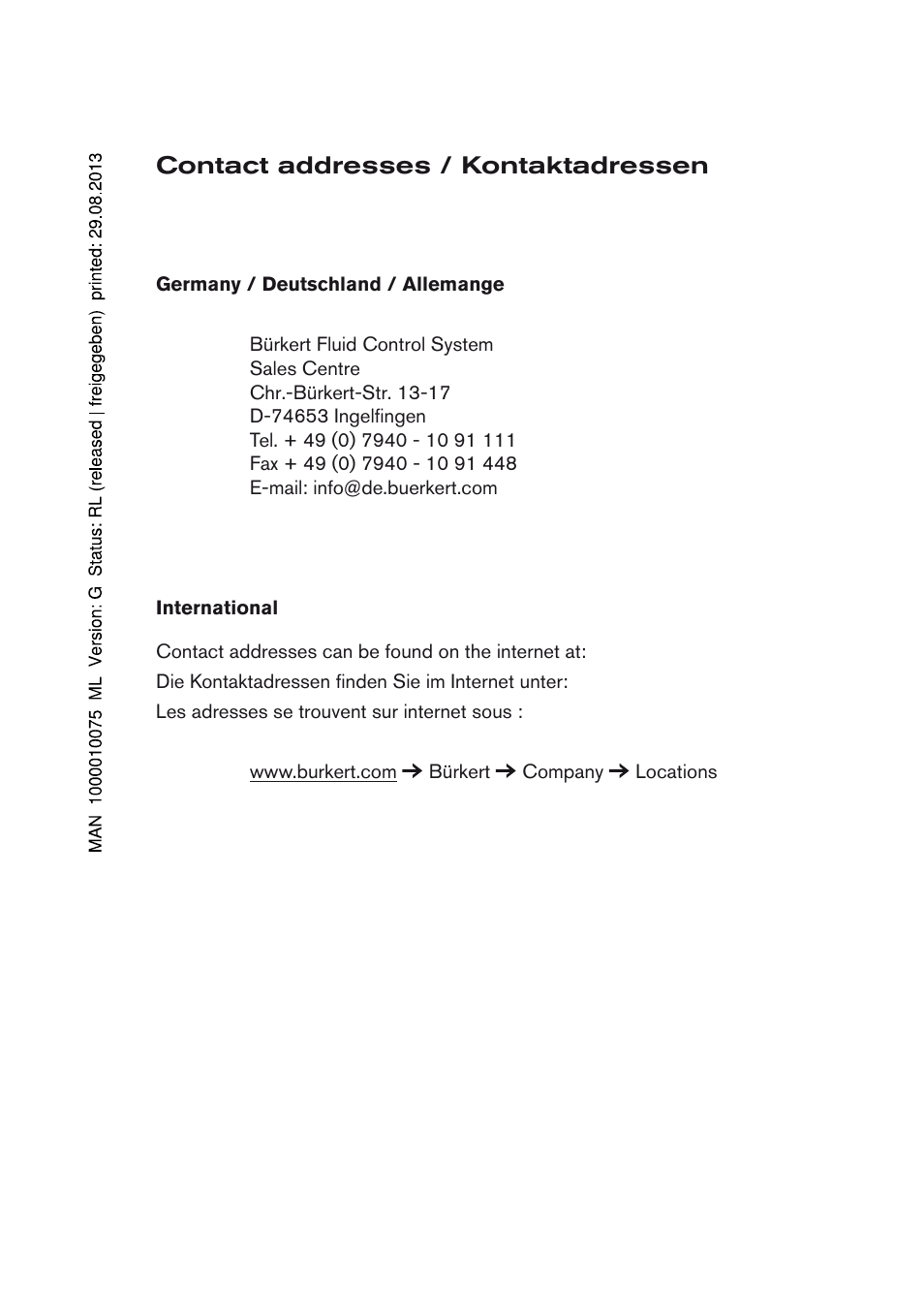 Contact addresses / kontaktadressen | Burkert Type 8624 User Manual | Page 122 / 124