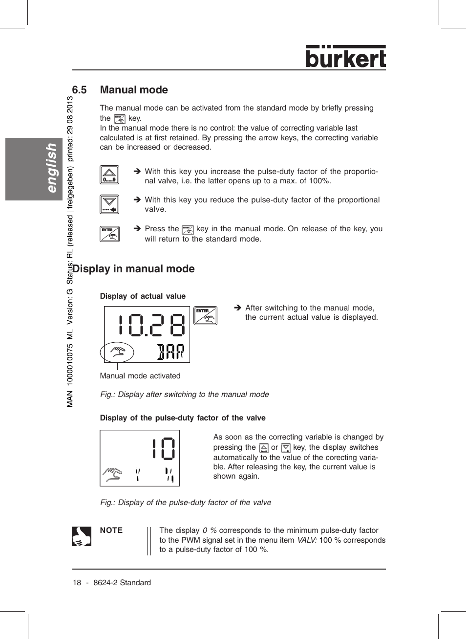 English, Display in manual mode, 5 manual mode | Burkert Type 8624 User Manual | Page 20 / 124