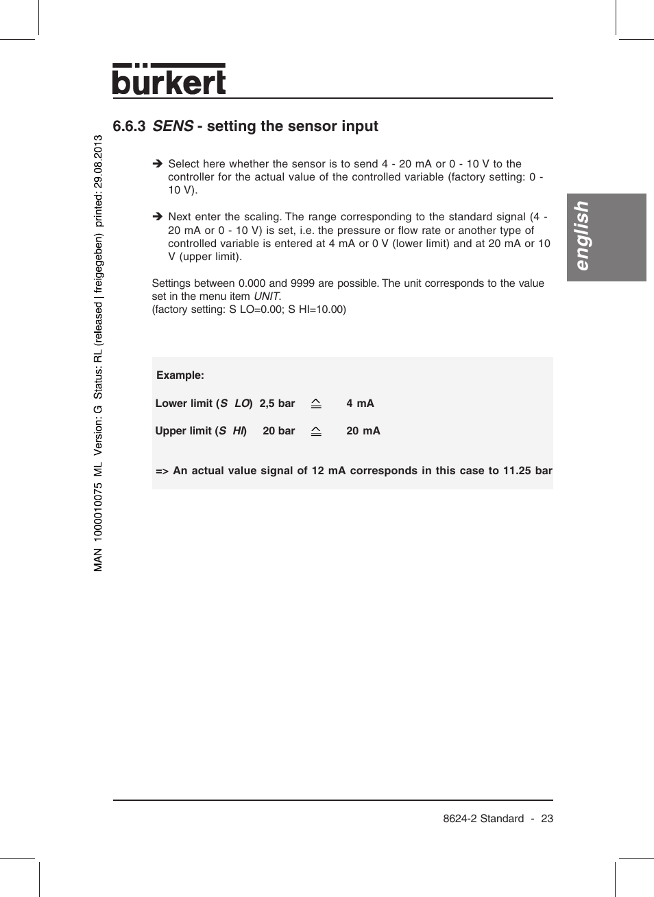 English, 3 sens - setting the sensor input | Burkert Type 8624 User Manual | Page 25 / 124