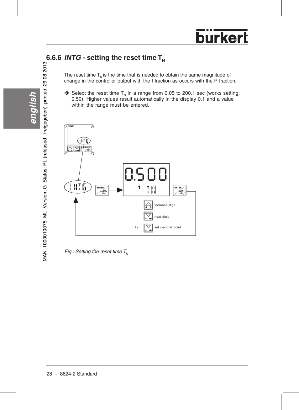 English, 6 intg - setting the reset time t | Burkert Type 8624 User Manual | Page 30 / 124