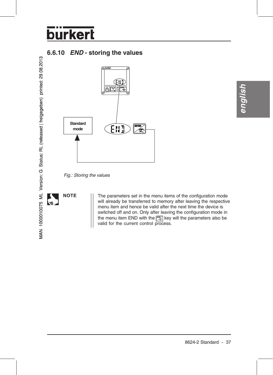 English, 10 end - storing the values | Burkert Type 8624 User Manual | Page 39 / 124