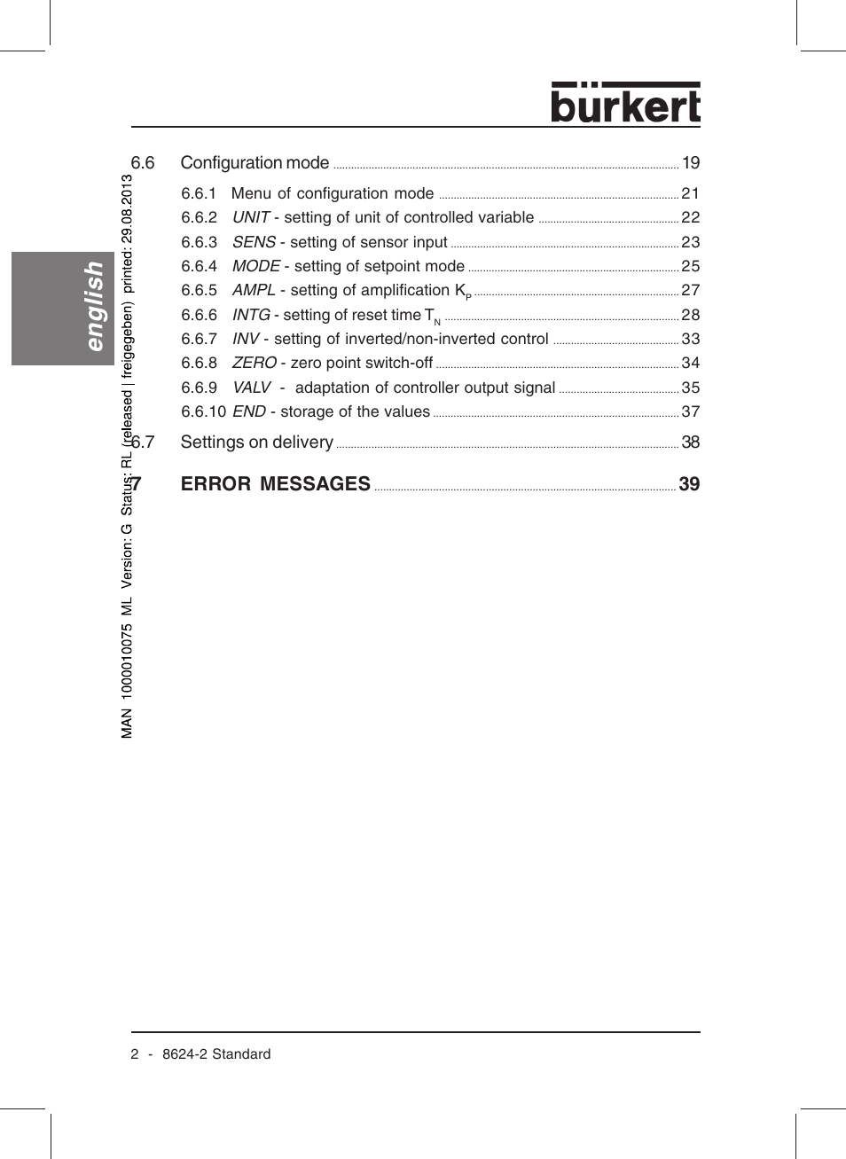 English, 7error messages | Burkert Type 8624 User Manual | Page 4 / 124