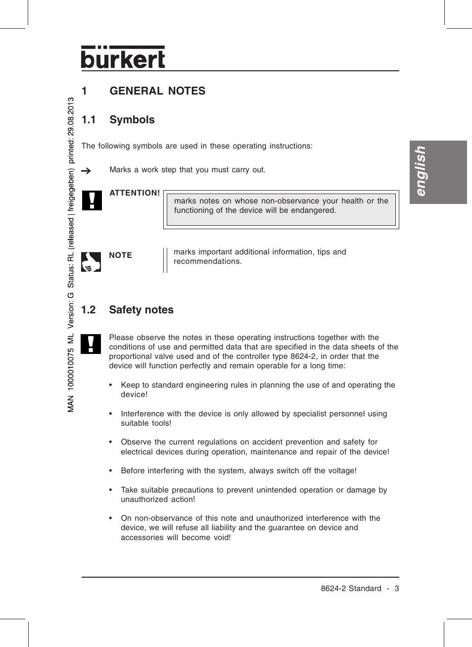 English, 1 symbols | Burkert Type 8624 User Manual | Page 5 / 124