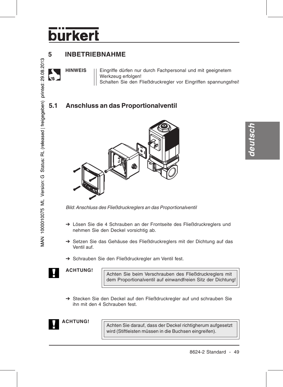 Deutsch, 5inbetriebnahme, 1 anschluss an das proportionalventil | Burkert Type 8624 User Manual | Page 51 / 124