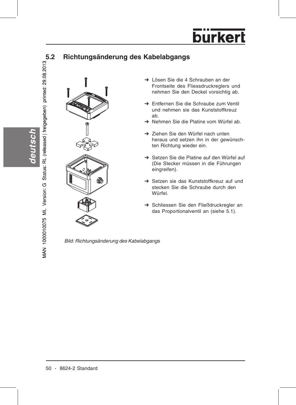 Deutsch, 2 richtungsänderung des kabelabgangs | Burkert Type 8624 User Manual | Page 52 / 124