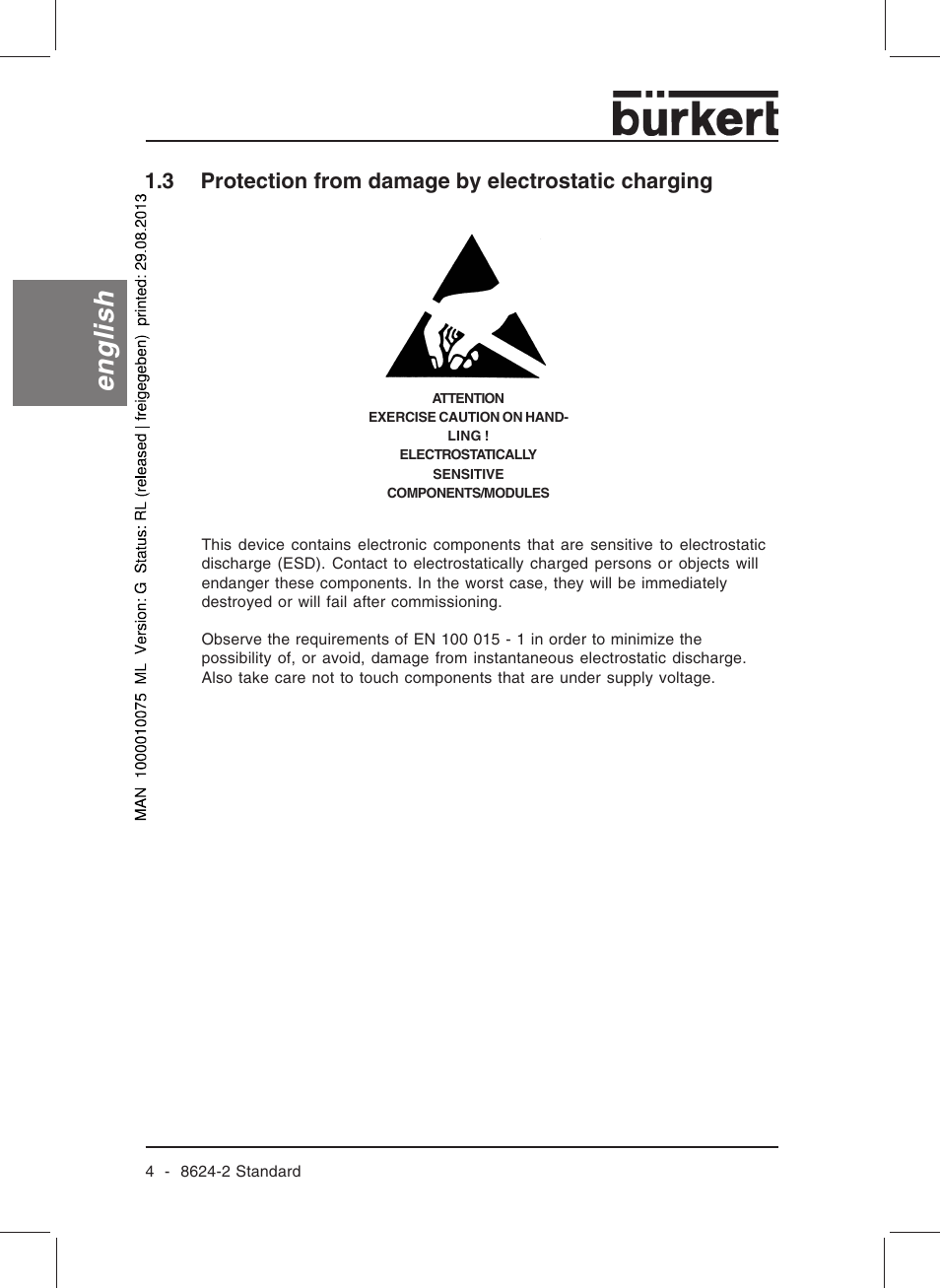 English, 3 protection from damage by electrostatic charging | Burkert Type 8624 User Manual | Page 6 / 124