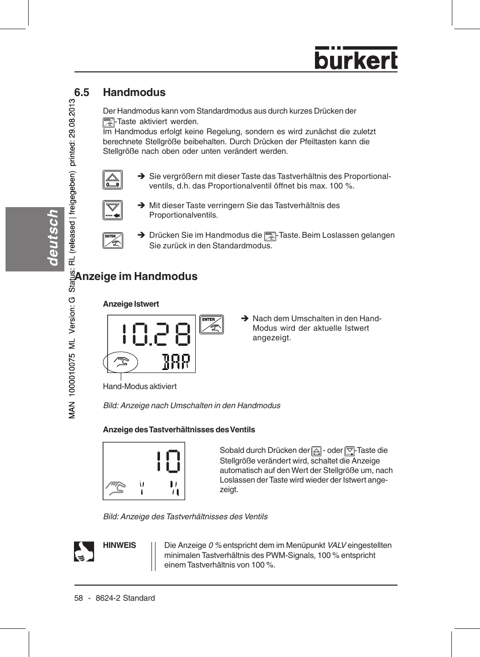 Deutsch, Anzeige im handmodus, 5 handmodus | Burkert Type 8624 User Manual | Page 60 / 124