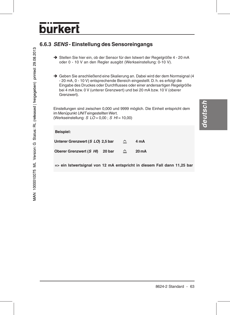 Deutsch, 3 sens - einstellung des sensoreingangs | Burkert Type 8624 User Manual | Page 65 / 124
