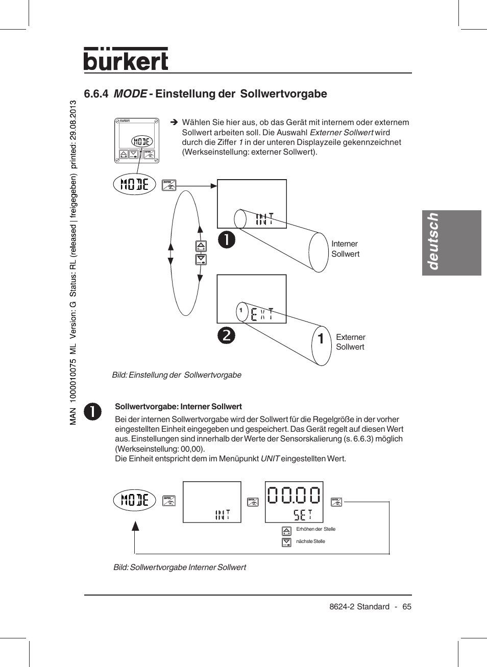 Deutsch, 4 mode - einstellung der sollwertvorgabe | Burkert Type 8624 User Manual | Page 67 / 124
