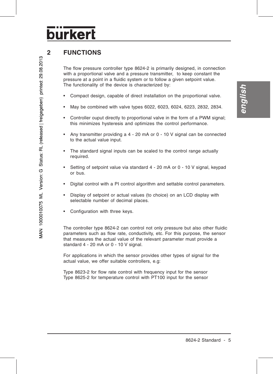 English, 2functions | Burkert Type 8624 User Manual | Page 7 / 124