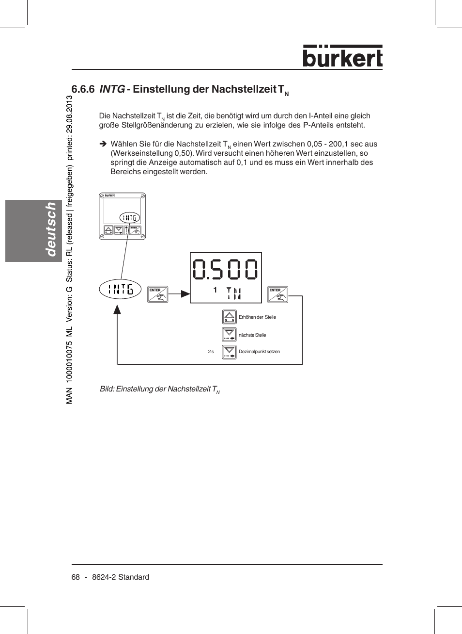 Deutsch, 6 intg - einstellung der nachstellzeit t | Burkert Type 8624 User Manual | Page 70 / 124