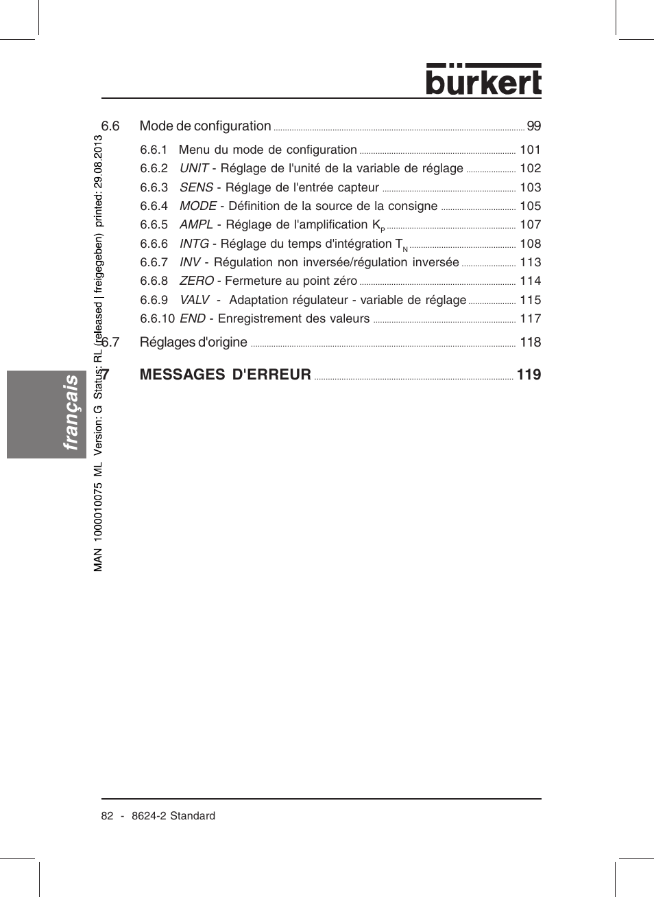 Français, 7messages d'erreur | Burkert Type 8624 User Manual | Page 84 / 124