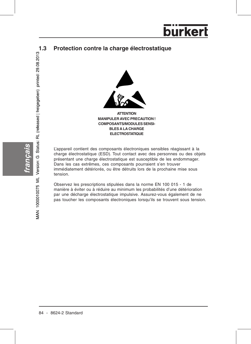Français, 3 protection contre la charge électrostatique | Burkert Type 8624 User Manual | Page 86 / 124