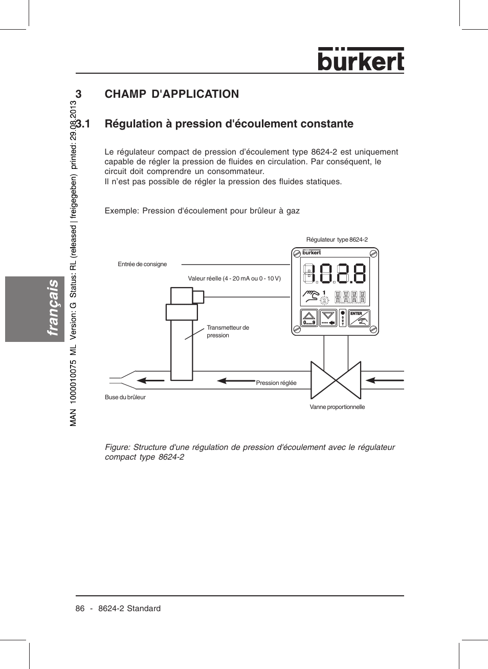 Français, 3champ d'application, 1 régulation à pression d'écoulement constante | Burkert Type 8624 User Manual | Page 88 / 124