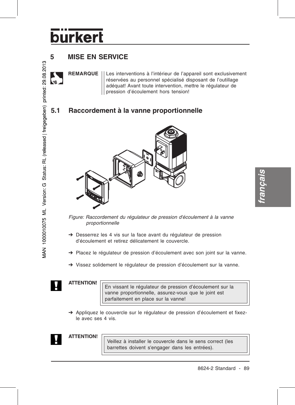 Français, 5mise en service, 1 raccordement à la vanne proportionnelle | Burkert Type 8624 User Manual | Page 91 / 124