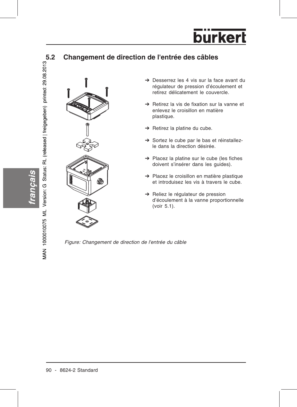 Français, 2 changement de direction de l'entrée des câbles | Burkert Type 8624 User Manual | Page 92 / 124