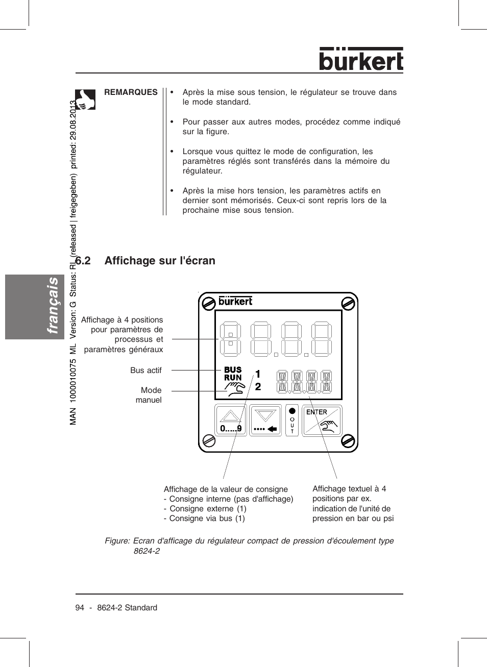 Français, 2 affichage sur l'écran | Burkert Type 8624 User Manual | Page 96 / 124
