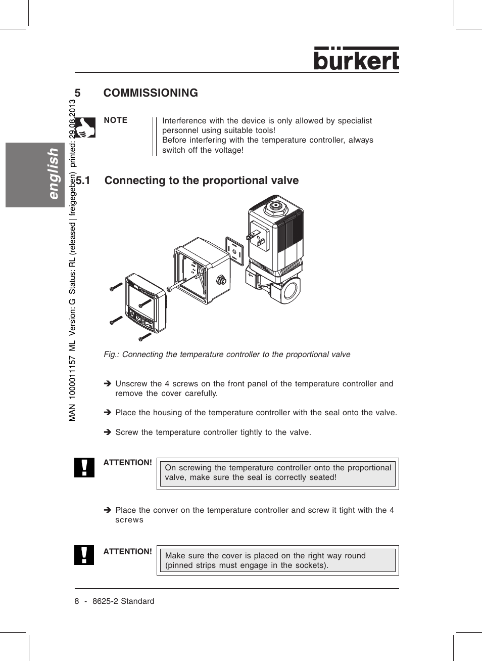 English, 5commissioning, 1 connecting to the proportional valve | Burkert Type 8625 User Manual | Page 10 / 118