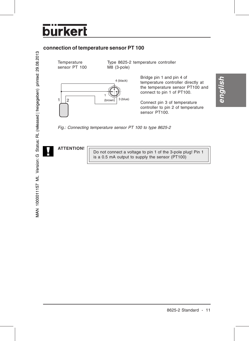 English, Connection of temperature sensor pt 100 | Burkert Type 8625 User Manual | Page 13 / 118