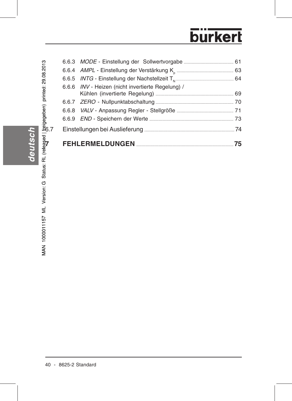 Deutsch, 7fehlermeldungen | Burkert Type 8625 User Manual | Page 42 / 118