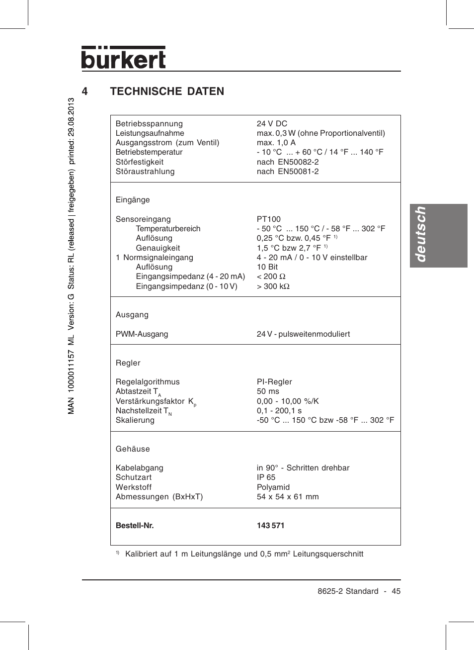 Deutsch, 4technische daten | Burkert Type 8625 User Manual | Page 47 / 118