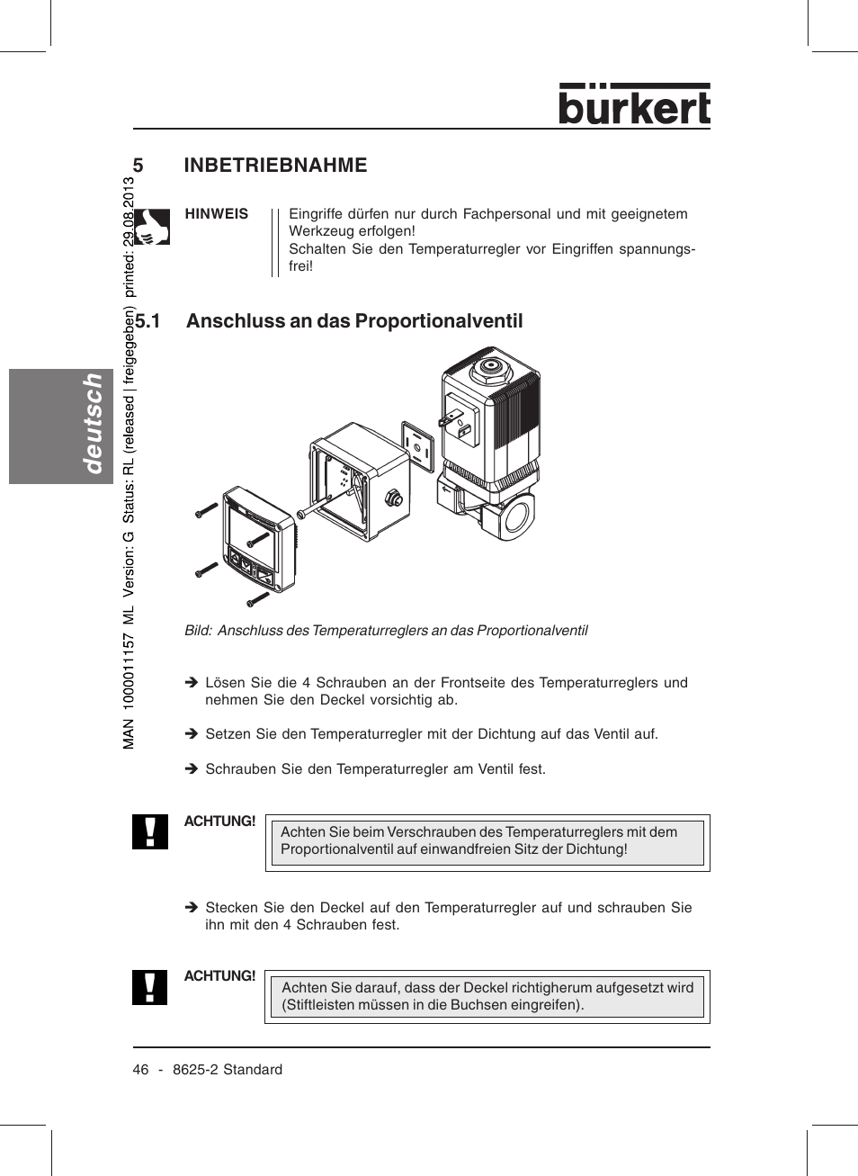 Deutsch, 5inbetriebnahme, 1 anschluss an das proportionalventil | Burkert Type 8625 User Manual | Page 48 / 118