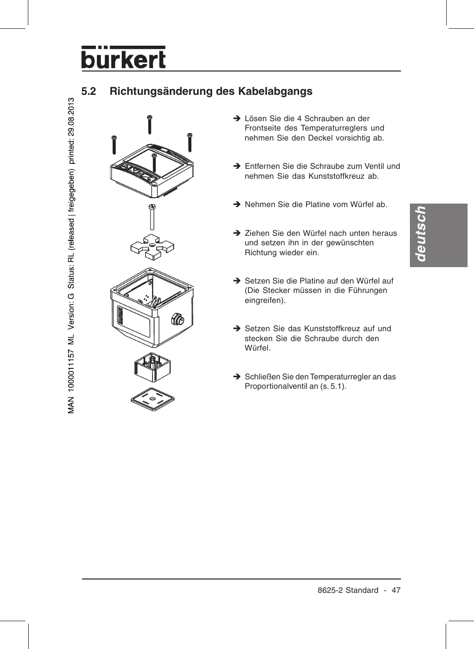Deutsch, 2 richtungsänderung des kabelabgangs | Burkert Type 8625 User Manual | Page 49 / 118