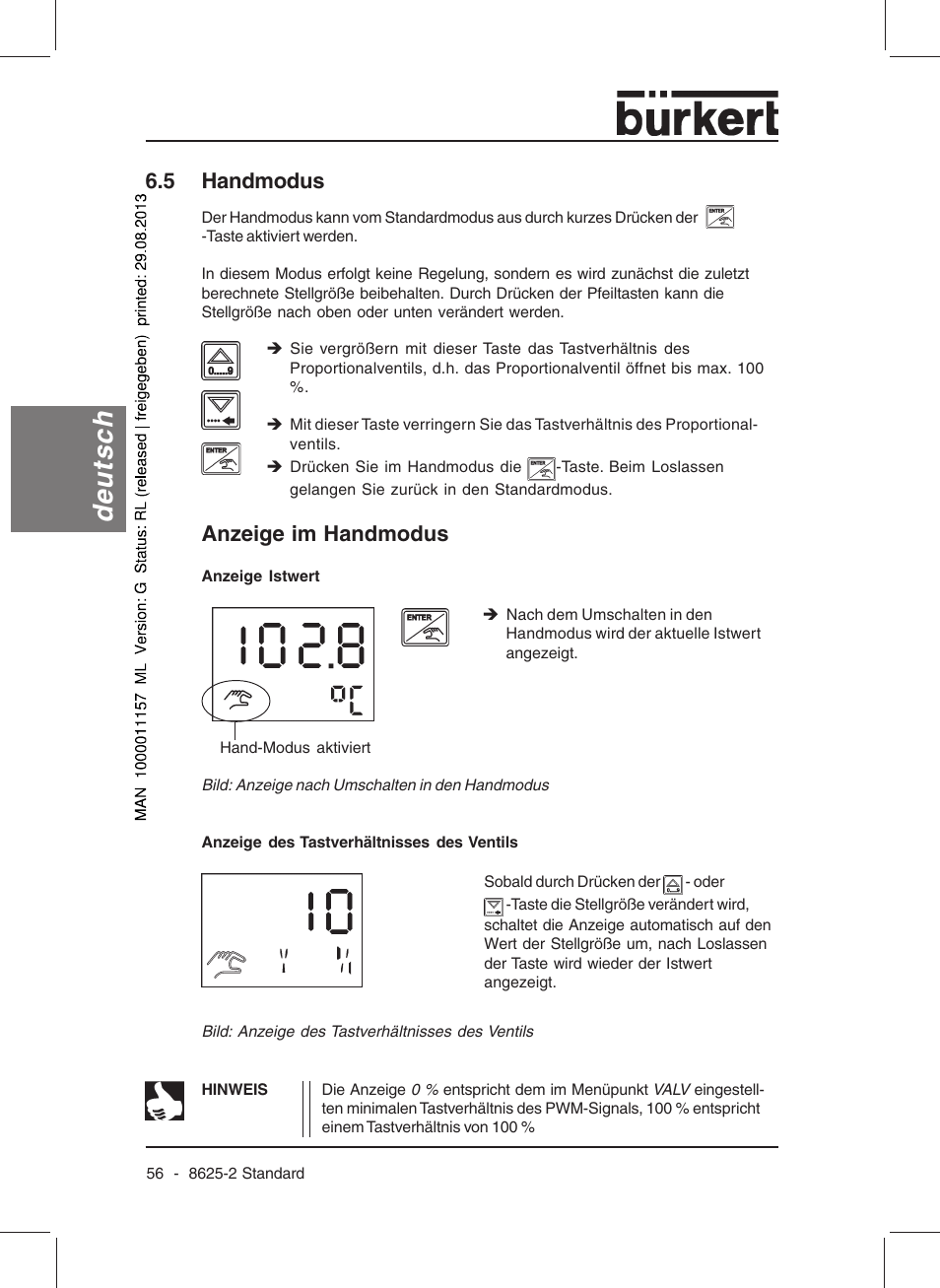 Deutsch, Anzeige im handmodus, 5 handmodus | Burkert Type 8625 User Manual | Page 58 / 118