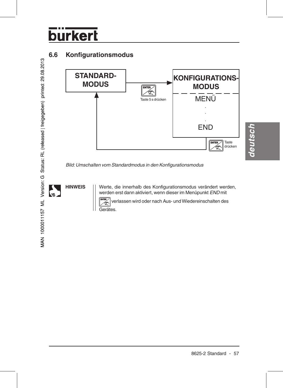 Deutsch, Standard- modus, Konfigurations- modus menü | Burkert Type 8625 User Manual | Page 59 / 118